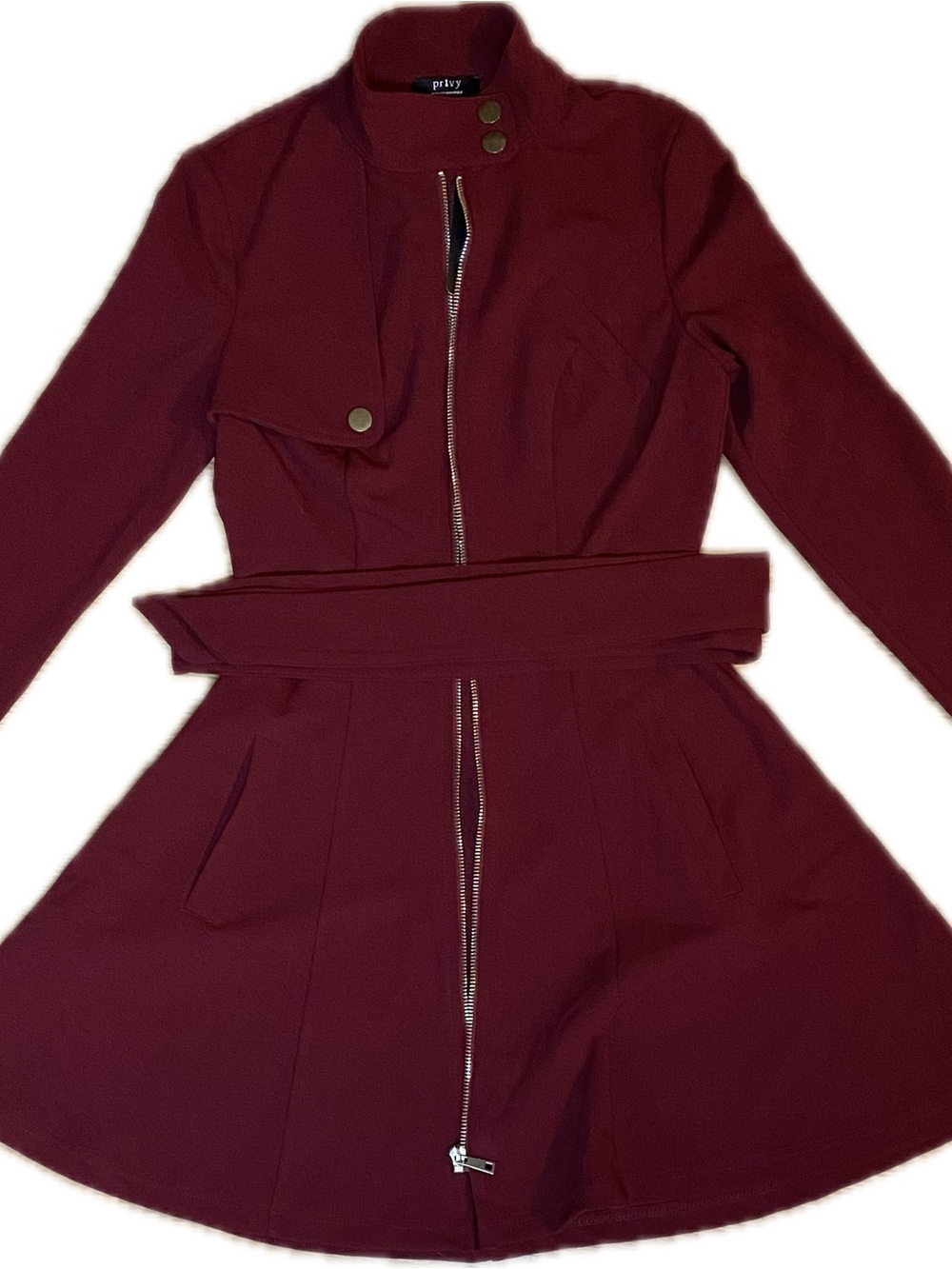 Brand New- privy Burgundy Long-Sleeve Zip Front Belted Fit-and-Flare Dress